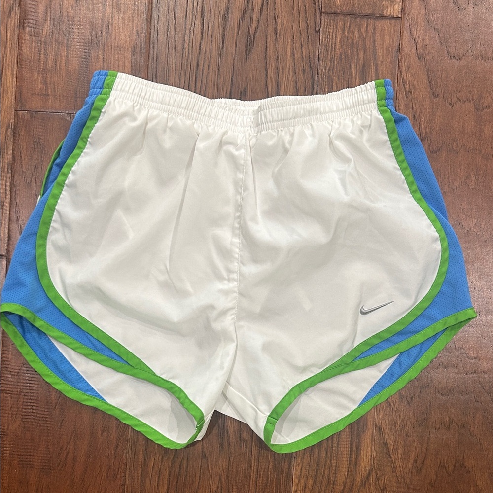 Nike White Athletic Shorts with Blue Panels & Green Trim